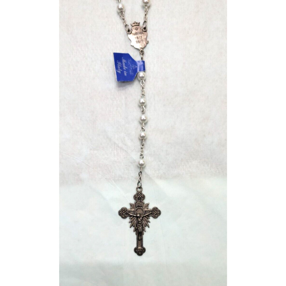 Fatima Italian Made Silver Tone Pearl Beaded Cross 20" Rosary Beads NEW